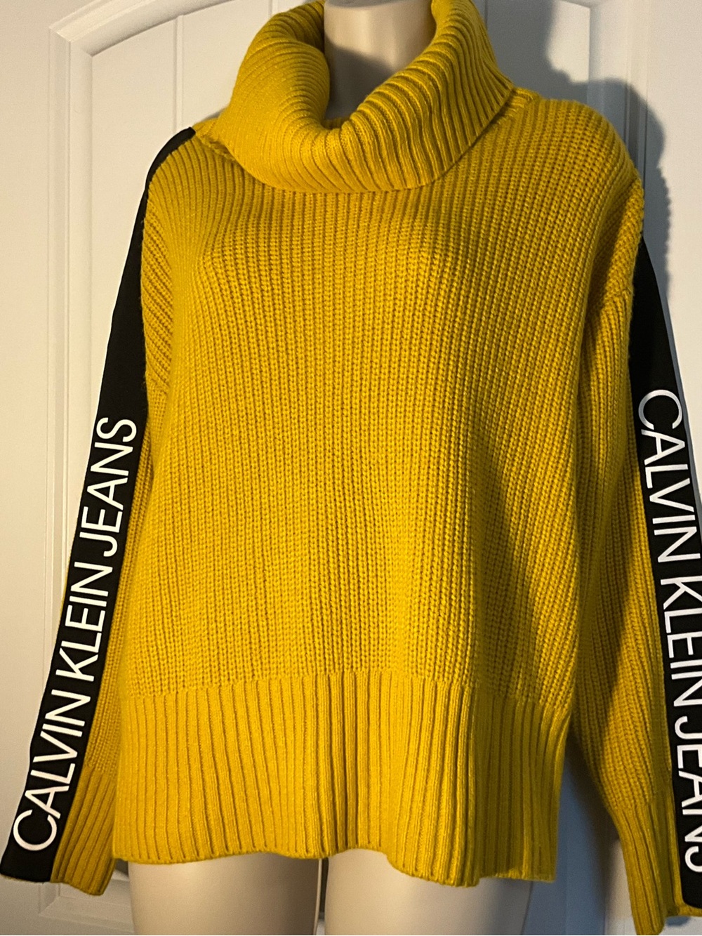 Calvin Klein Jeans Yellow Ribbed cowl neck Sweater with Black Logo Sleeves